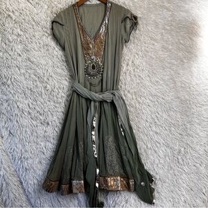 Green Dress Embellished Rhinestones Pullover with Long Scarf Full Midi Lined Med